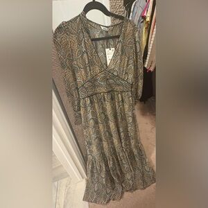 Zara Blue and Gold Leaf Pattern Maxi Dress